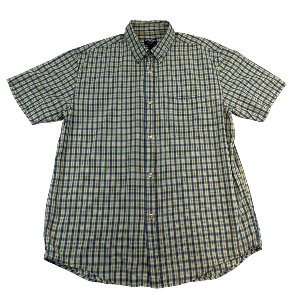 Vintage Ralph Lauren Shirt Mens L Blue Yellow Plaid Black Label Short Sleeve